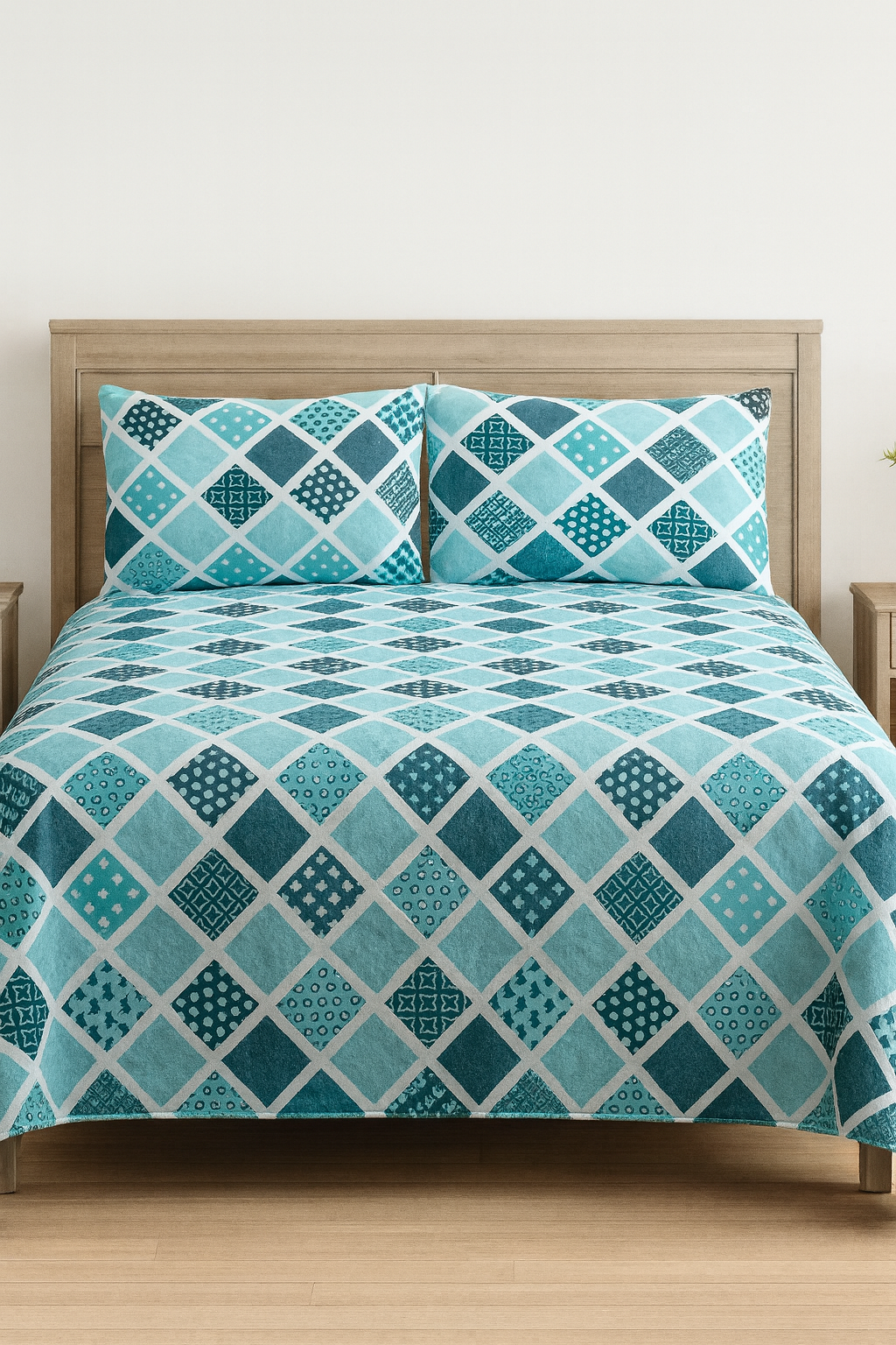 Blue & Teal Diamond Printed Cotton Satin Bedsheet – Premium Quality Bedding UK (King Size).