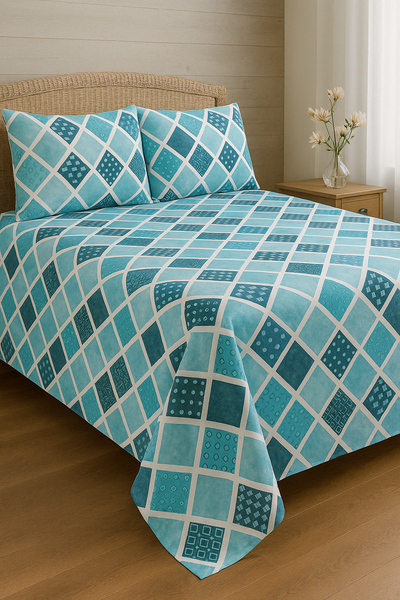 Blue & Teal Diamond Printed Cotton Satin Bedsheet – Premium Quality Bedding UK (King Size).