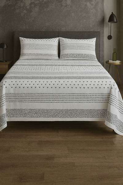 White Printed Dotted and Lining Cotton Satin Bedsheet – Premium Quality Soft & Stylish Bedding UK (King Size).