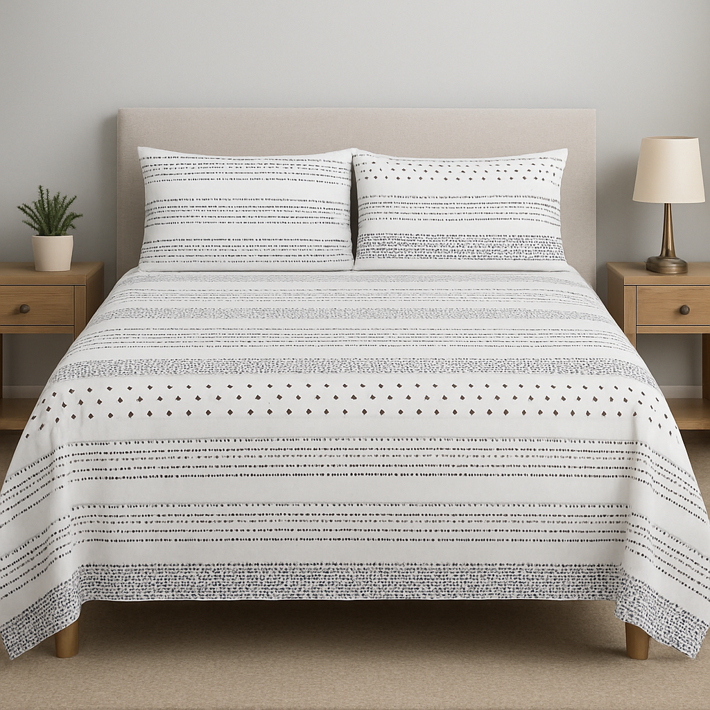 White Printed Dotted and Lining Cotton Satin Bedsheet – Premium Quality Soft & Stylish Bedding UK (King Size).