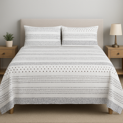 White Printed Dotted and Lining Cotton Satin Bedsheet – Premium Quality Soft & Stylish Bedding UK (King Size).