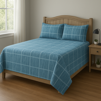 Blue Printed Bedsheet Cotton Satin 100% Premium Quality (King Size).