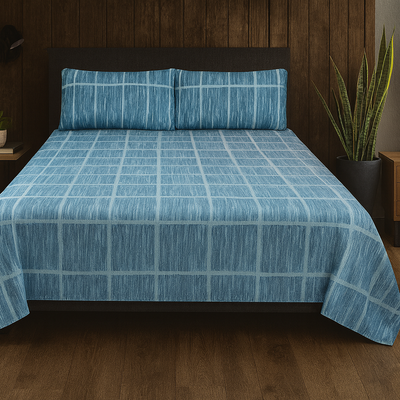 Blue Printed Bedsheet Cotton Satin 100% Premium Quality (King Size).